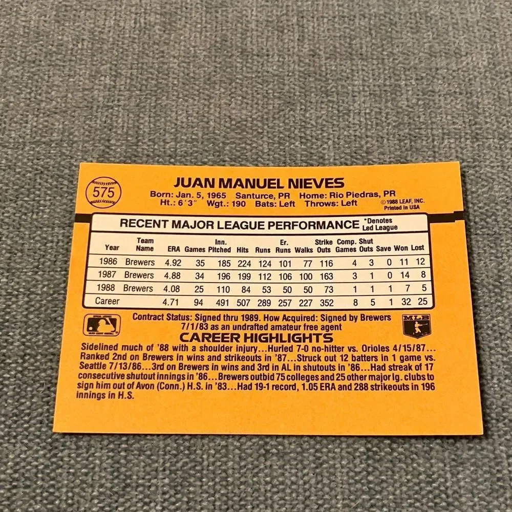 1989 Donruss Milwaukee Brewers Baseball Card Trading Card